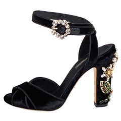 Dolce & Gabbana Black Velvet Embellishment Heel Ankle Strap Sandals Size 36