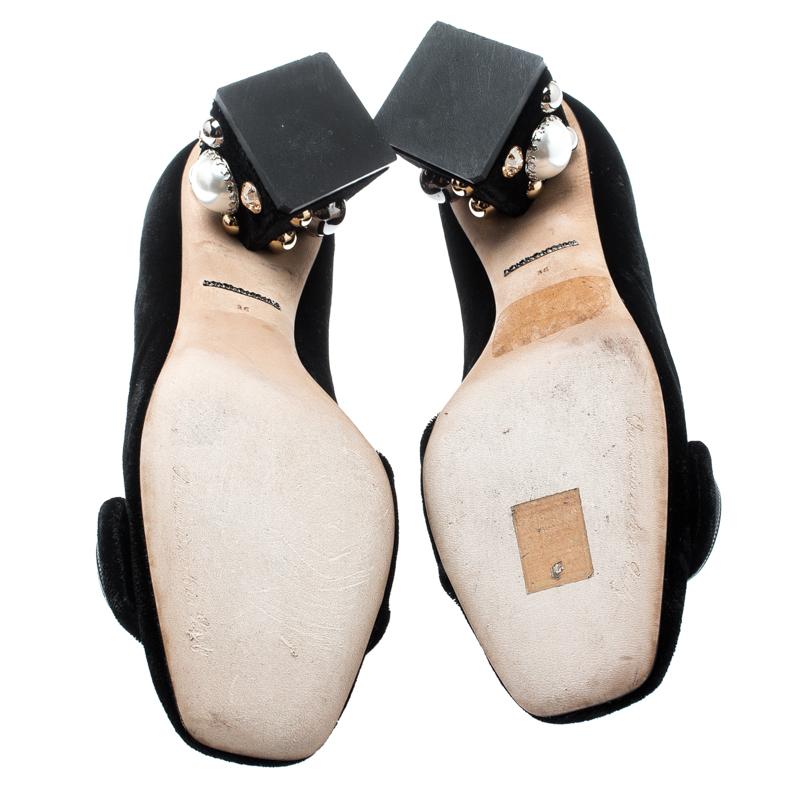 Women's Dolce & Gabbana Black Velvet Jackie Embellished Block Heel Pumps Size 36