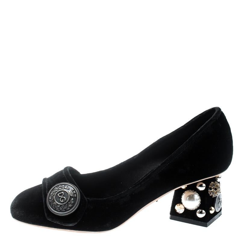Dolce & Gabbana Black Velvet Jackie Embellished Block Heel Pumps Size 36 2