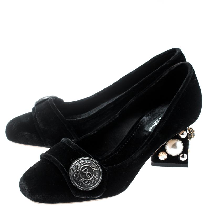 Dolce & Gabbana Black Velvet Jackie Embellished Block Heel Pumps Size 36 3