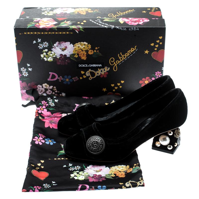 Dolce & Gabbana Black Velvet Jackie Embellished Block Heel Pumps Size 36 4