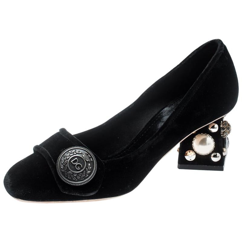 Dolce & Gabbana Black Velvet Jackie Embellished Block Heel Pumps Size 36