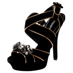 Dolce & Gabbana Black Velvet Metallic Gold Leather Trim Crystal Sandals Size 38