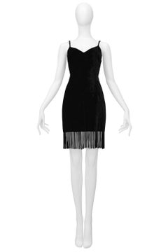 Dolce & Gabbana Black Velvet Mini Dress With Fringe Hem & Rhinestone Straps