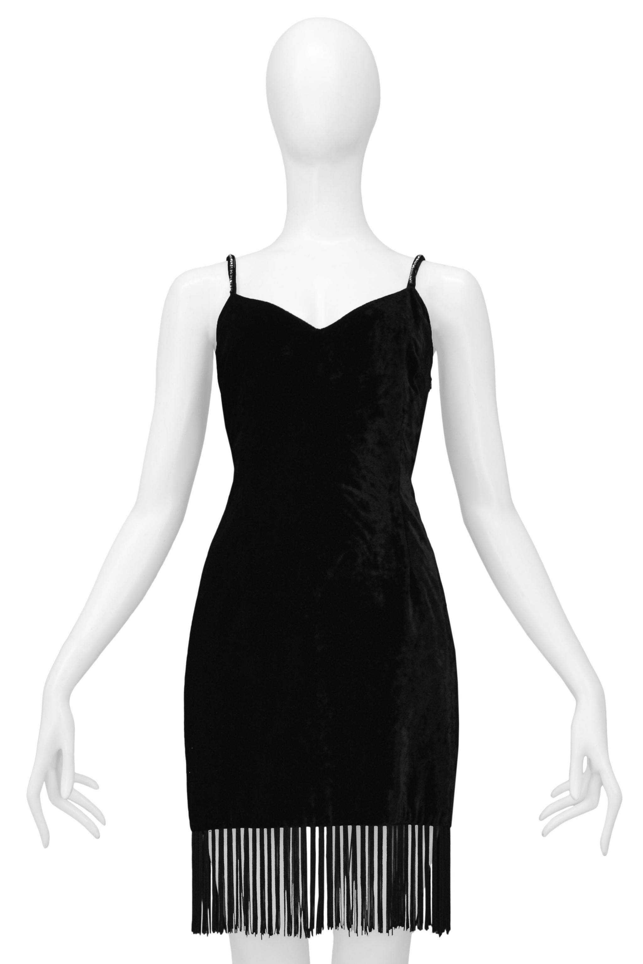 Dolce & Gabbana Black Velvet Mini Dress With Fringe Hem & Rhinestone Straps In Excellent Condition For Sale In Los Angeles, CA