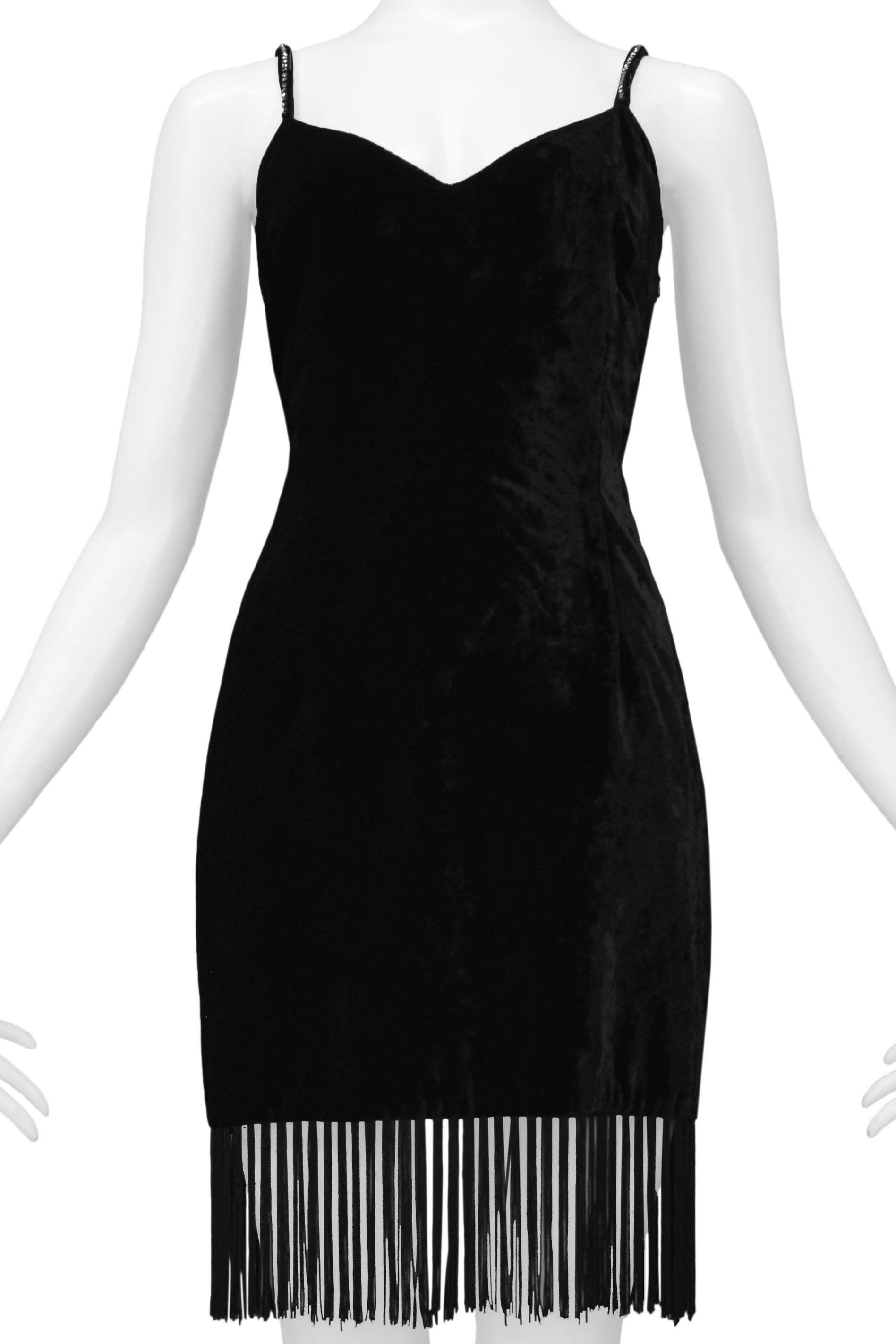 Women's Dolce & Gabbana Black Velvet Mini Dress With Fringe Hem & Rhinestone Straps For Sale