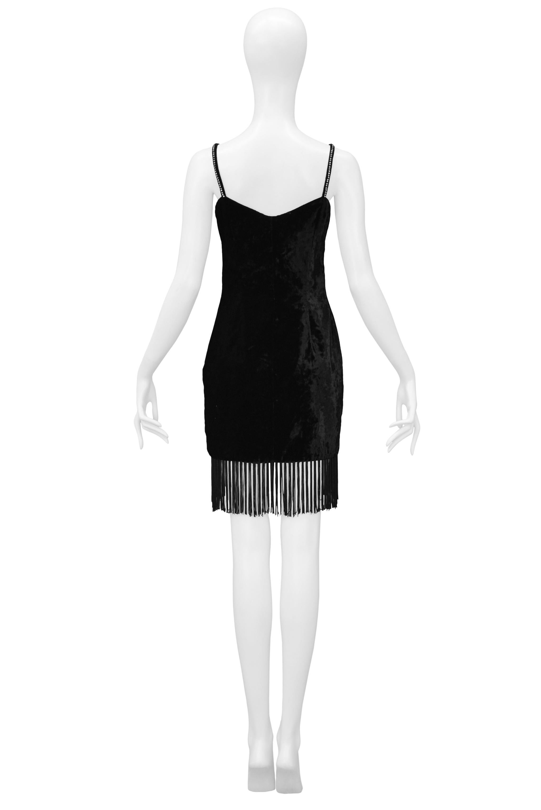 Dolce & Gabbana Black Velvet Mini Dress With Fringe Hem & Rhinestone Straps For Sale 1