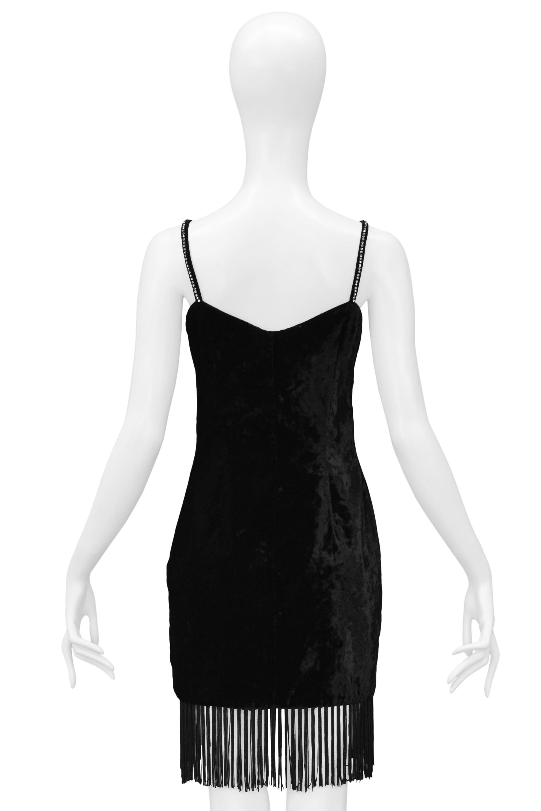 Dolce & Gabbana Black Velvet Mini Dress With Fringe Hem & Rhinestone Straps For Sale 2