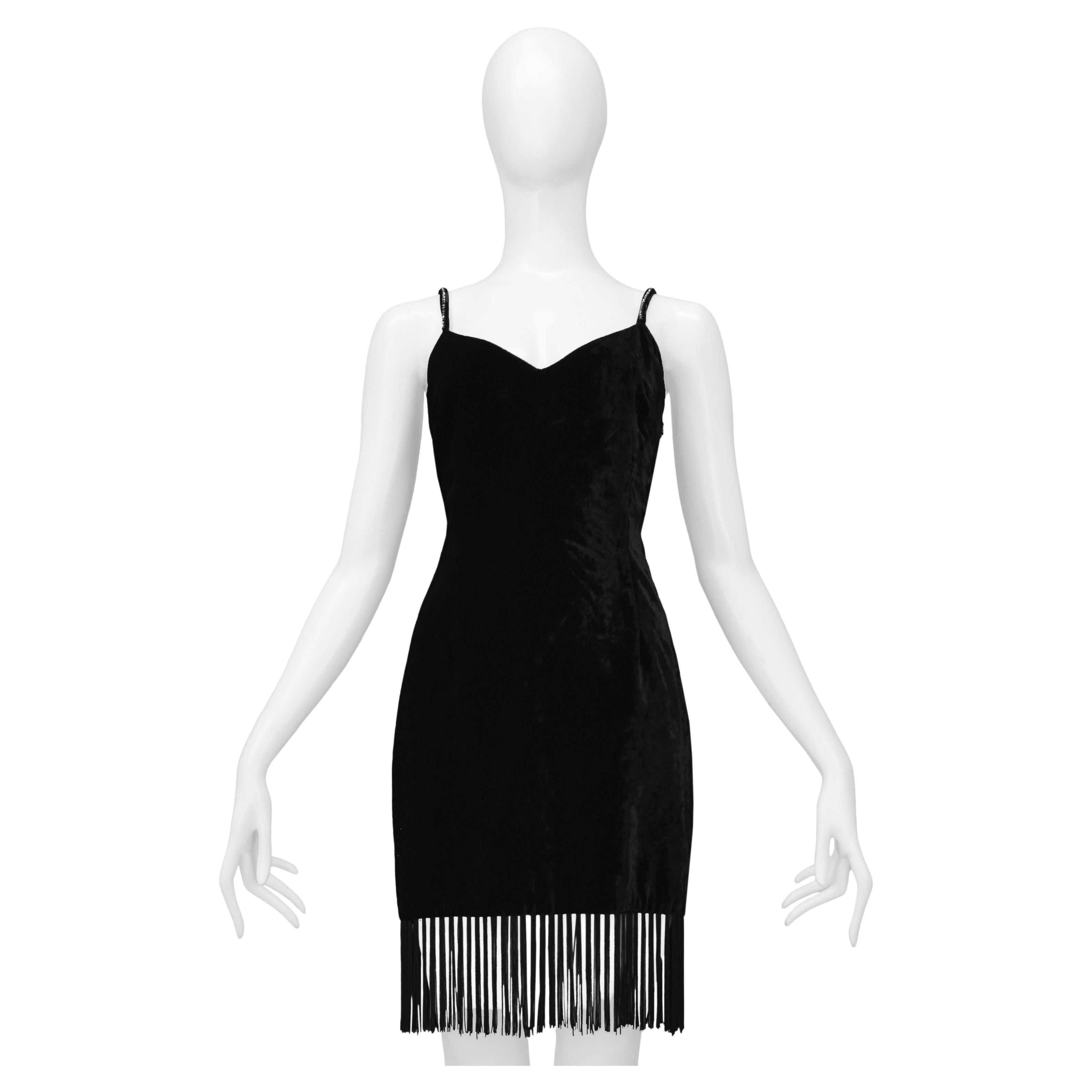 Dolce & Gabbana Black Velvet Mini Dress With Fringe Hem & Rhinestone Straps For Sale