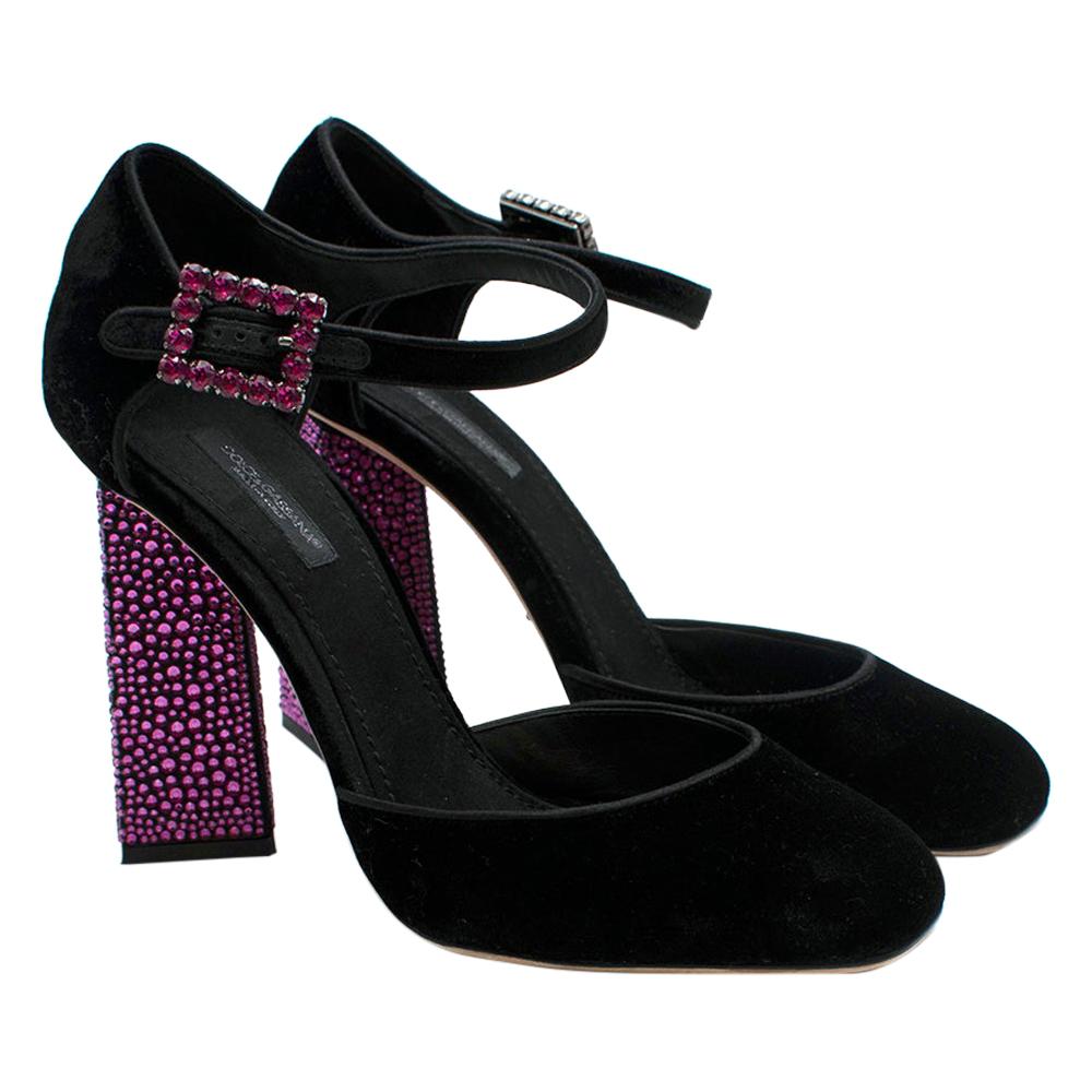 Dolce & Gabbana Black Velvet Pink Crystal Mary Janes Heels - Size EU 39 For Sale