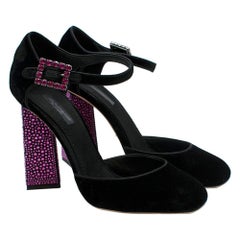 Dolce & Gabbana Black Velvet Pink Crystal Mary Janes Heels - Size EU 39