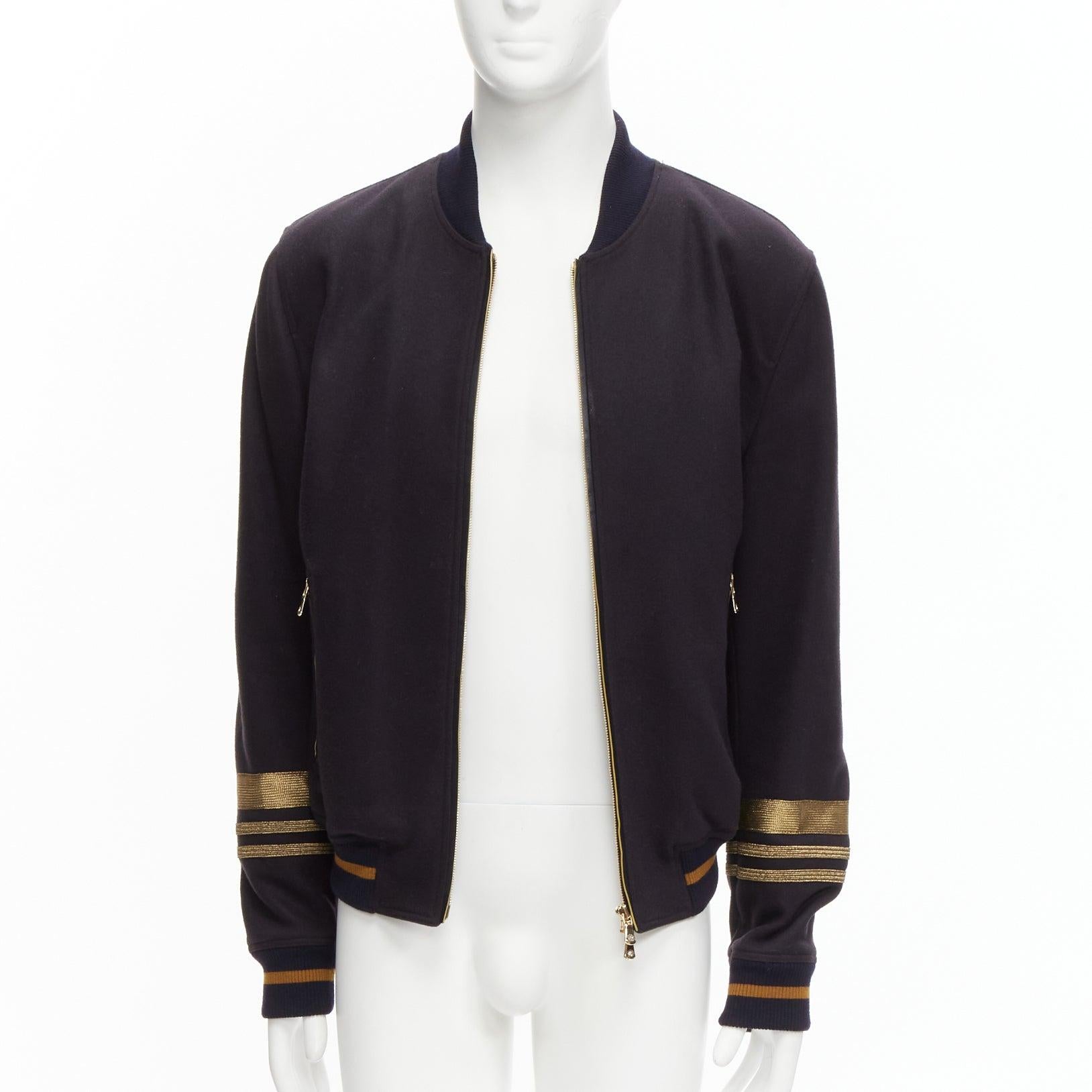 Black DOLCE GABBANA black virgin wool gold military trim cuffed bomber jacket IT50 L For Sale