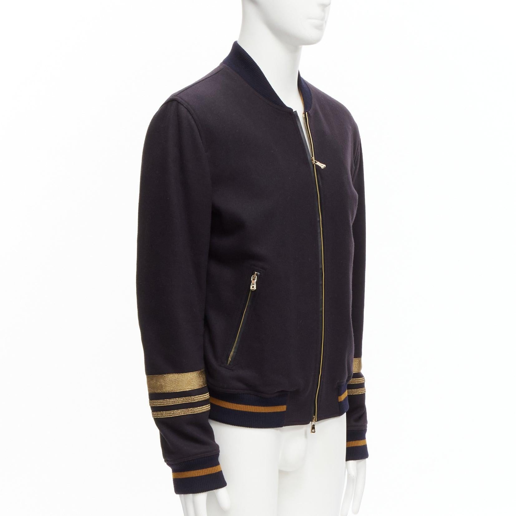 DOLCE GABBANA black virgin wool gold military trim cuffed bomber jacket IT50 L In Excellent Condition For Sale In Hong Kong, NT