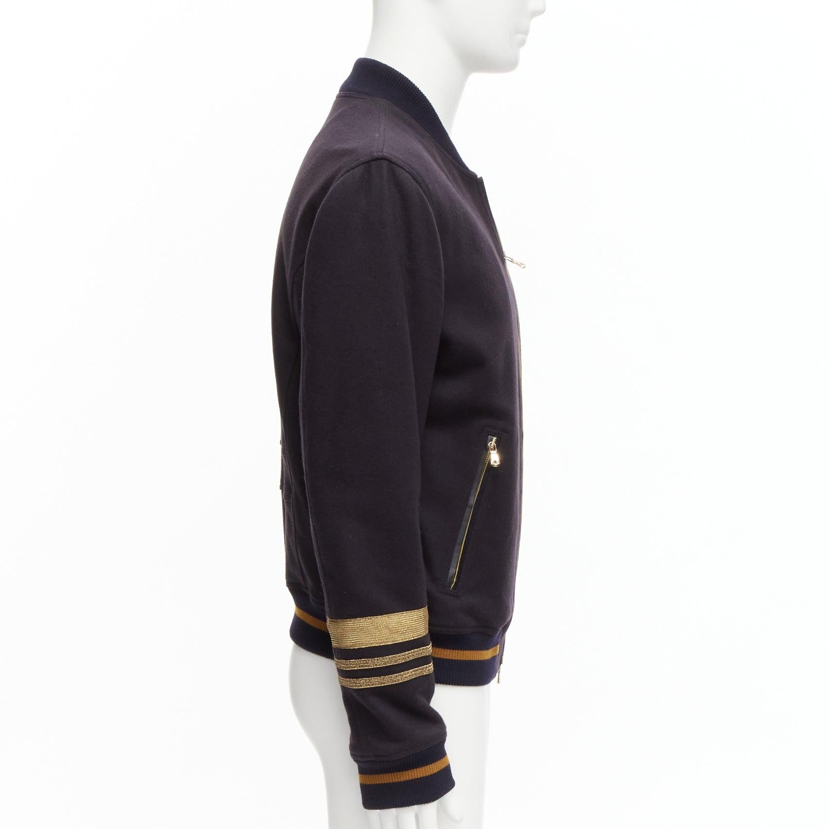 Men's DOLCE GABBANA black virgin wool gold military trim cuffed bomber jacket IT50 L For Sale