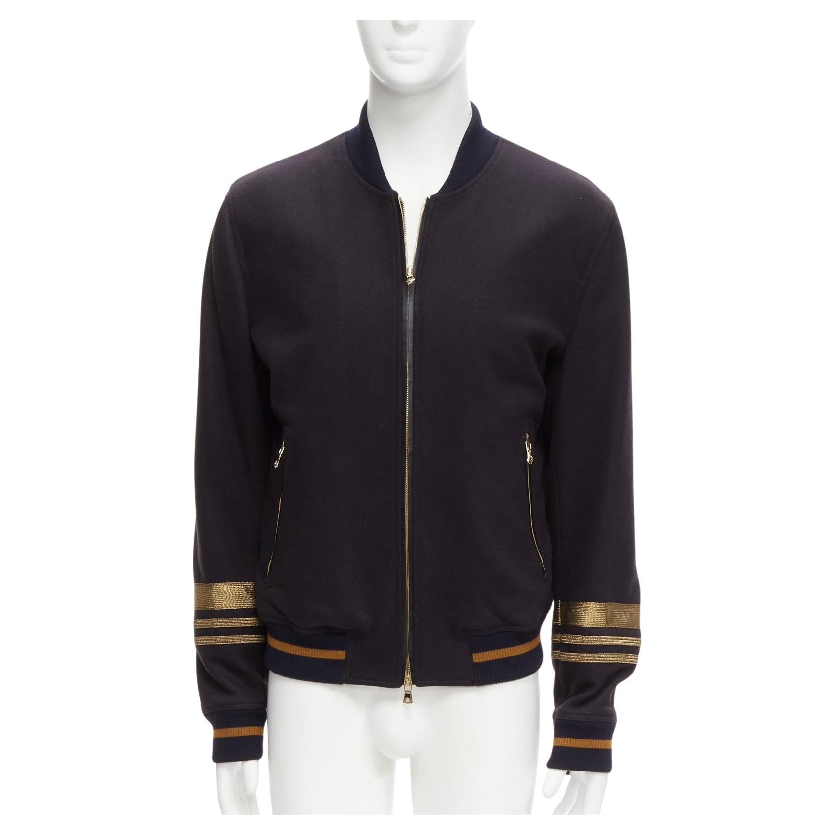 DOLCE GABBANA black virgin wool gold military trim cuffed bomber jacket IT50 L For Sale