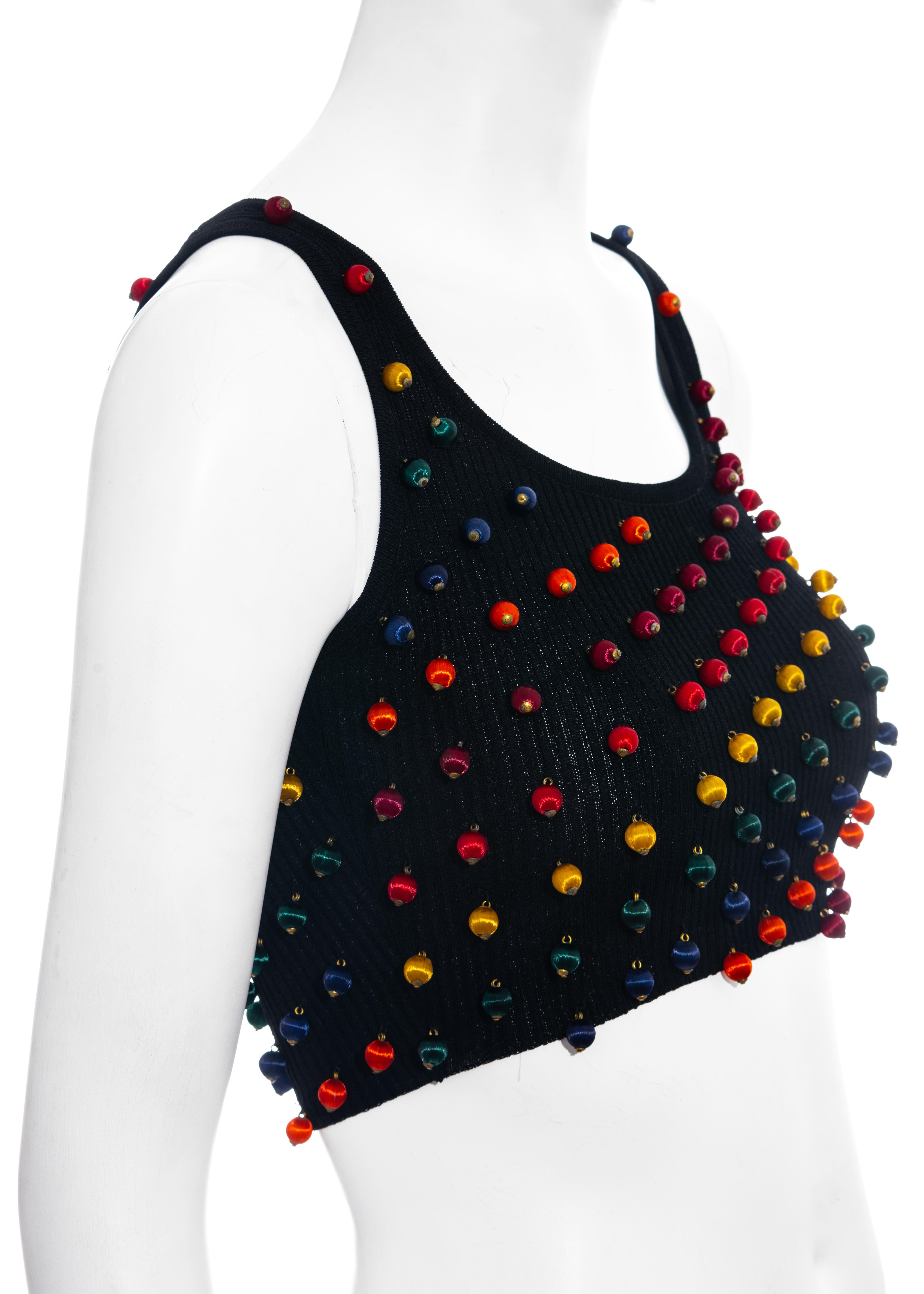 Dolce & Gabbana black viscose cropped vest with colourful silk beads, ss 1992 In Excellent Condition For Sale In London, GB