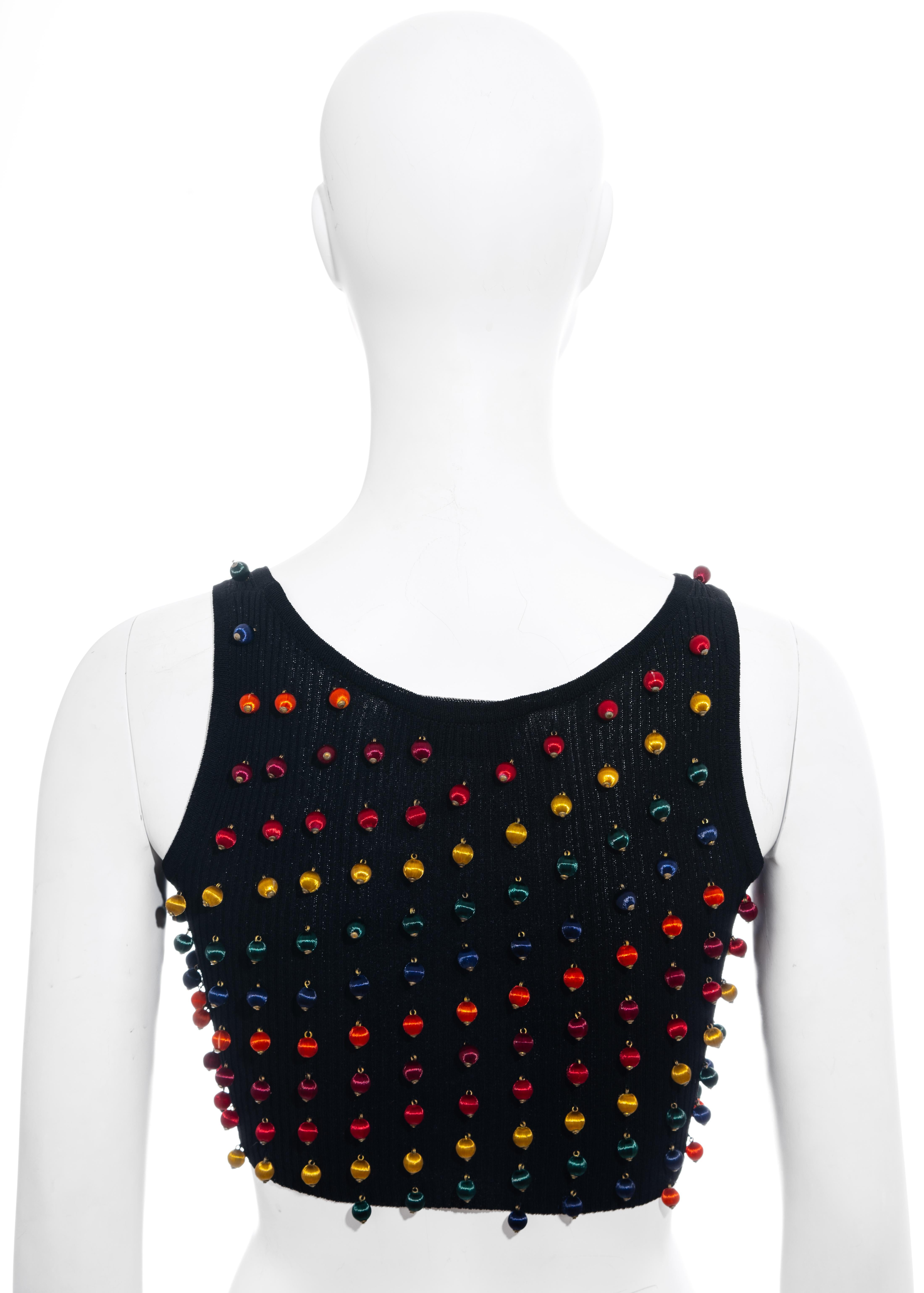 Women's Dolce & Gabbana black viscose cropped vest with colourful silk beads, ss 1992 For Sale