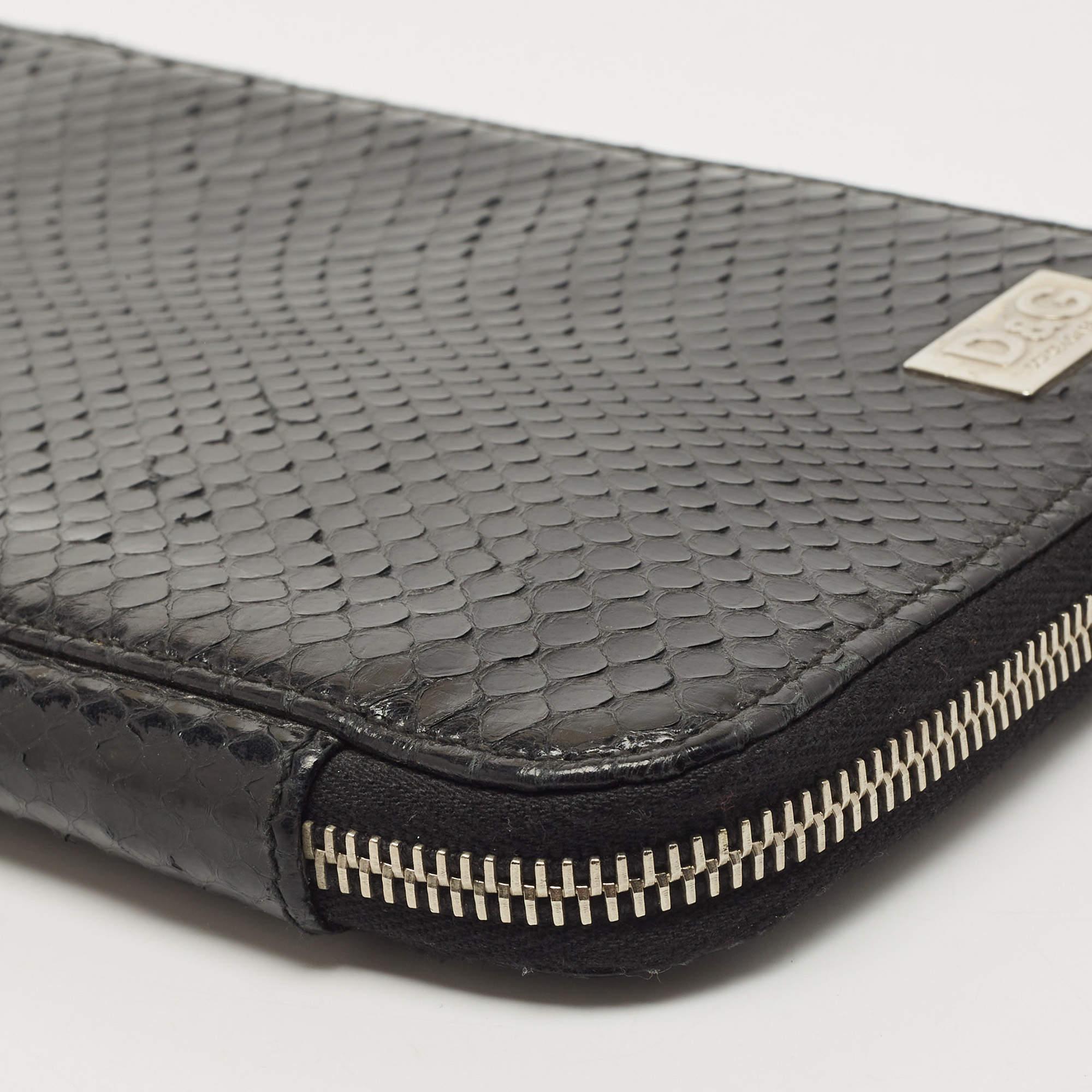 Dolce & Gabbana Black Watersnake Leather Zip Around Organizer For Sale 5