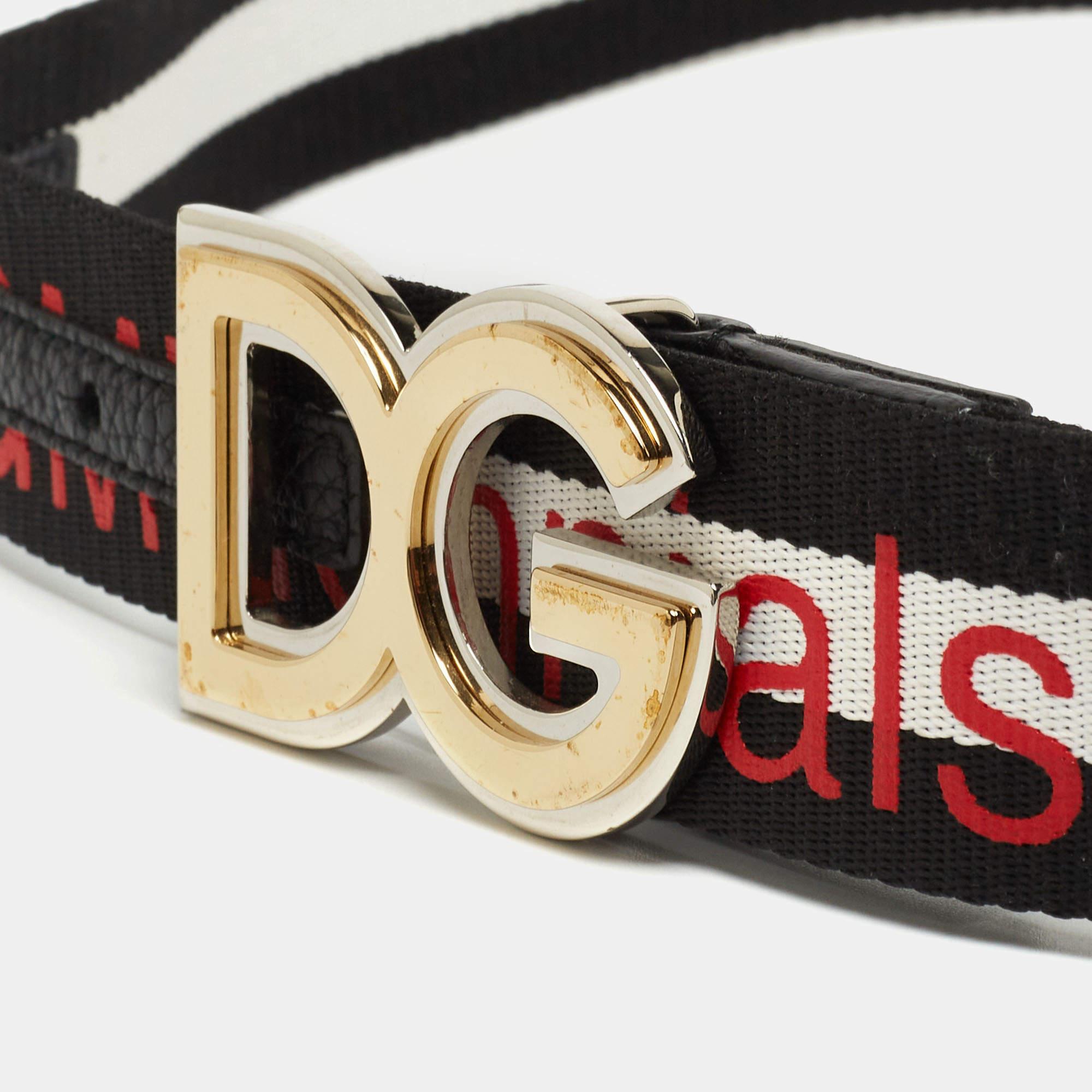 Dieser Gürtel von Dolce & Gabbana ist mit seiner charakteristischen DG-Schnalle absolut fabelhaft. Der Canvas-Gürtel glänzt mit goldfarbener Hardware in Form der charakteristischen Symbole der Marke. Es ist klassisch, stilvoll und perfekt für Sie.

