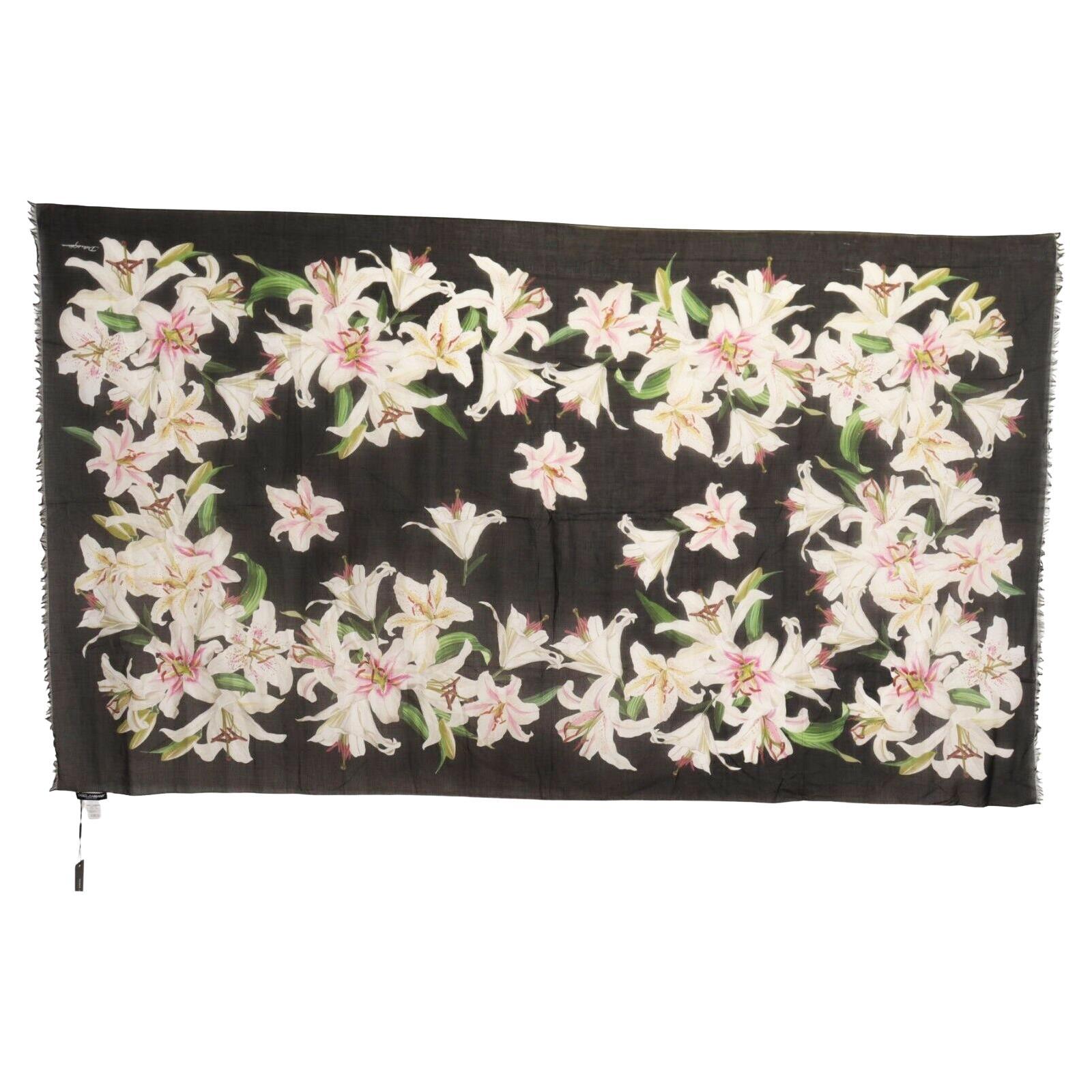 Dolce & Gabbana Black White Cotton Lily Floral Scarf Wrap Beachwear Pareo Women