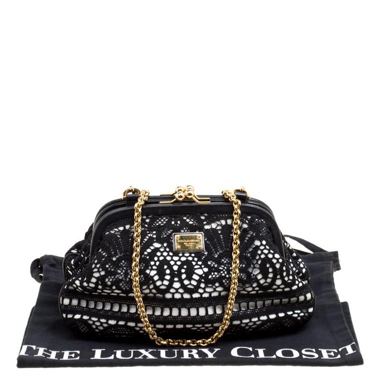 Dolce and Gabbana Black/White Lace and Leather Kiss Lock Frame Clutch