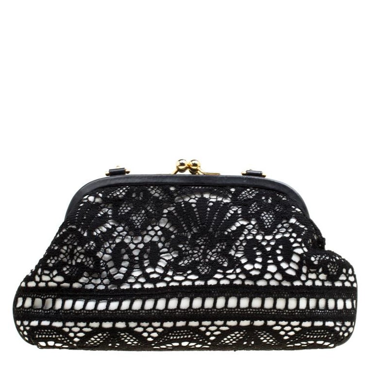 Dolce and Gabbana Black/White Lace and Leather Kiss Lock Frame Clutch