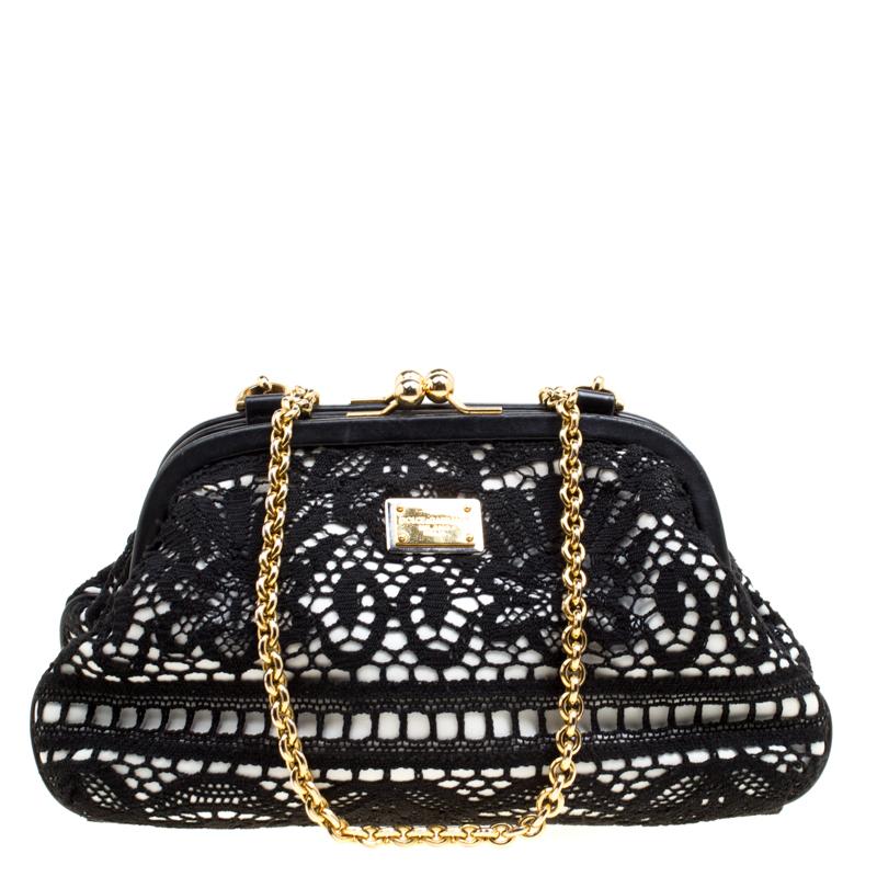 Dolce & Gabbana Black/White Lace and Leather Kiss Lock Frame Clutch