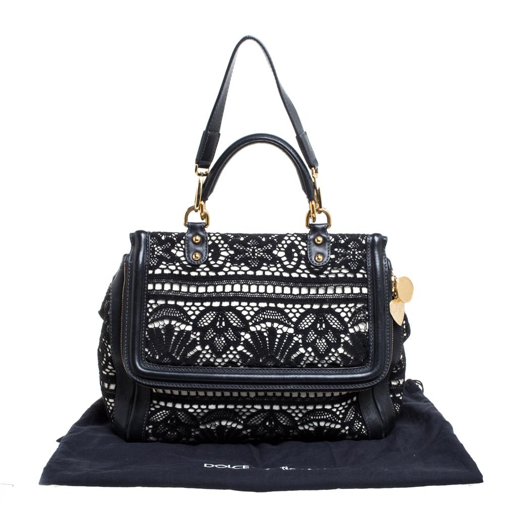 Dolce & Gabbana Schwarz/Weiß Spitze und Leder Große Miss Sicily Top Handle Tasche 8