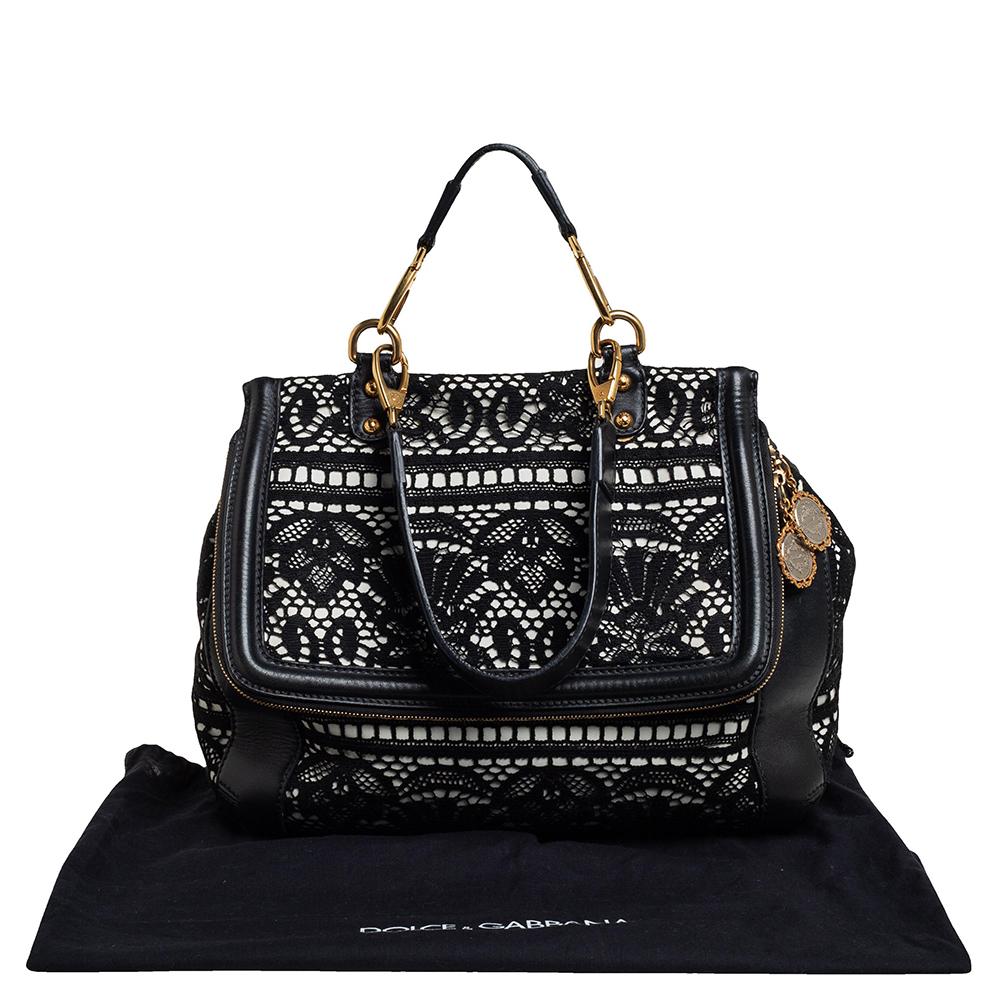 Dolce & Gabbana Black/White Lace and Leather Large Miss Sicily Top Handle Bag 8