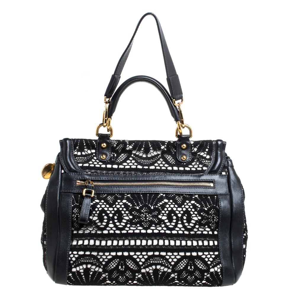 Dolce & Gabbana Schwarz/Weiß Spitze und Leder Große Miss Sicily Top Handle Tasche Damen