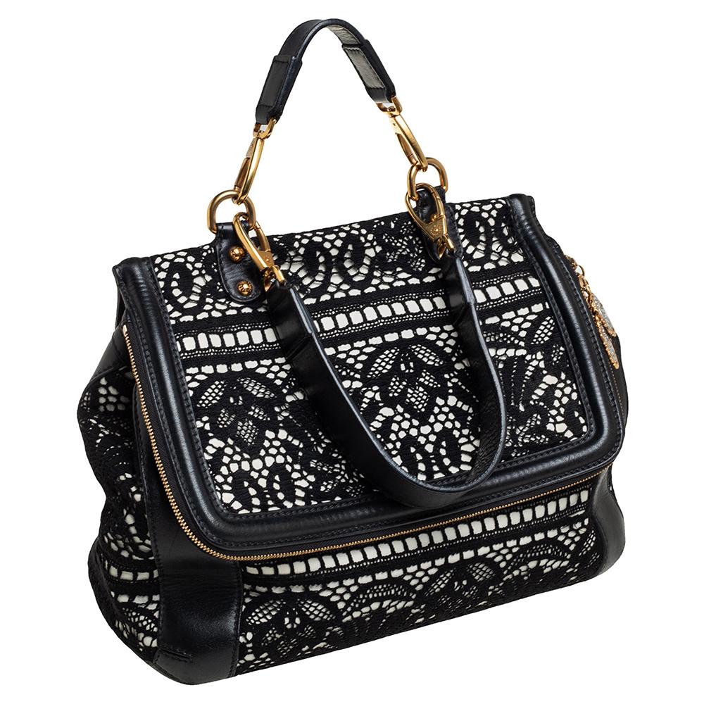 Women's Dolce & Gabbana Black/White Lace and Leather Large Miss Sicily Top Handle Bag