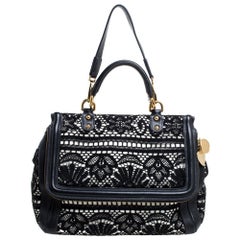 Dolce & Gabbana Black/White Lace and Leather Large Miss Sicily Top Handle Bag