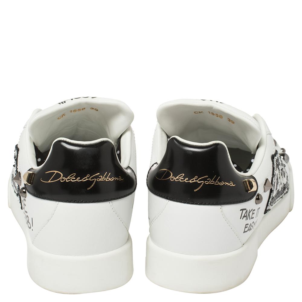 Dolce & Gabbana Schwarz/Weiß Leder Portofino mit Patch und Sneakers Größe 39 (Grau)
