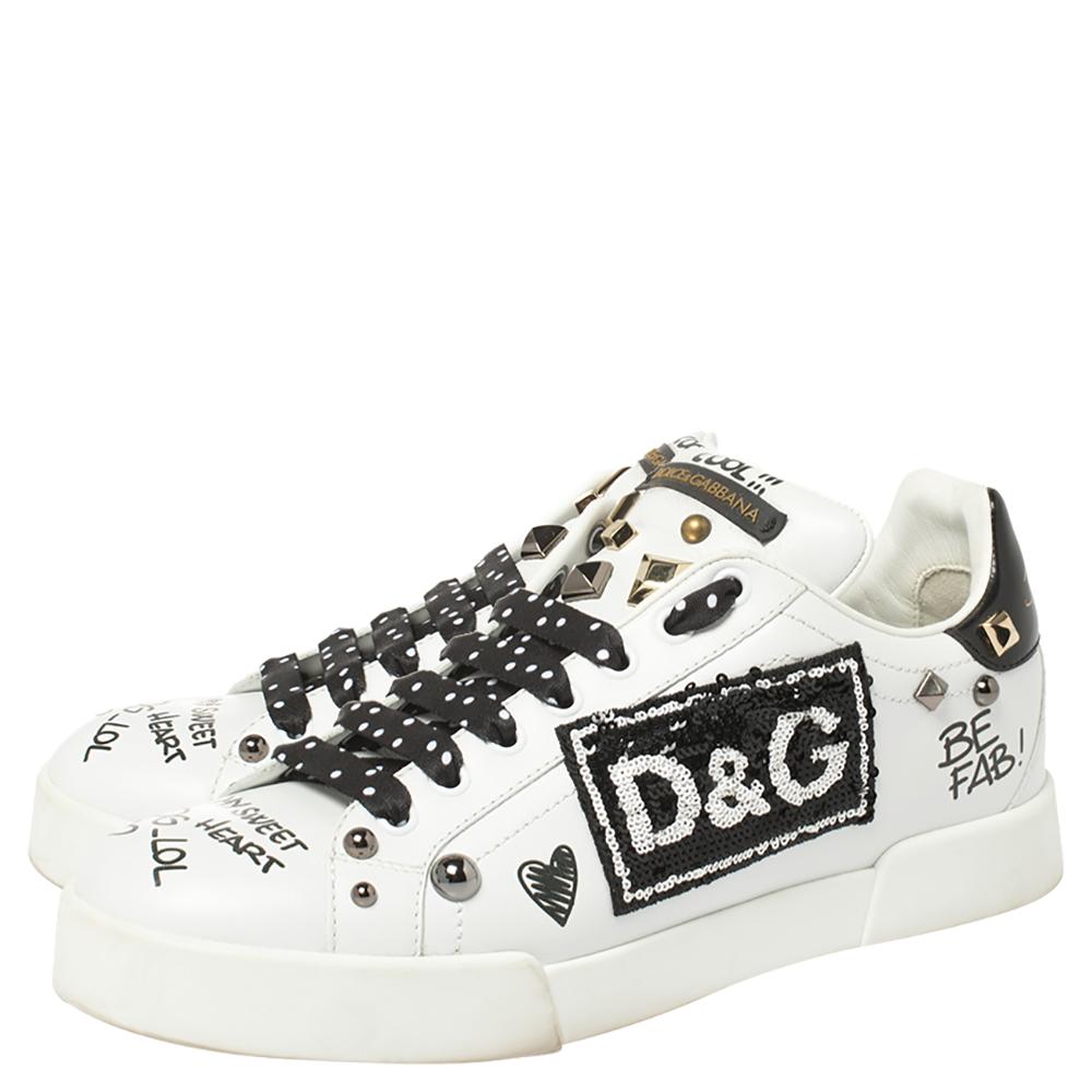 Dolce & Gabbana Schwarz/Weiß Leder Portofino mit Patch und Sneakers Größe 39 Damen