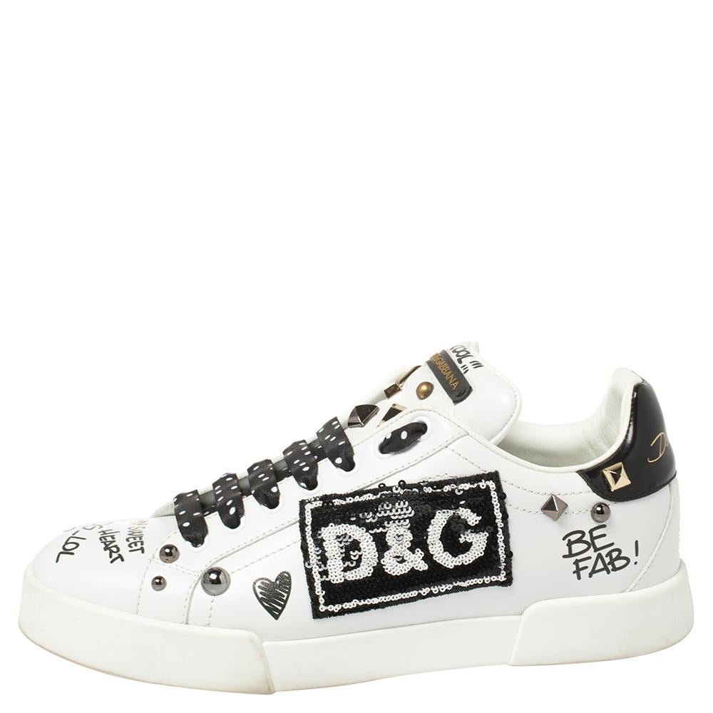Dolce & Gabbana Schwarz/Weiß Leder Portofino mit Patch und Sneakers Größe 39 1