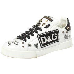 Dolce & Gabbana Schwarz/Weiß Leder Portofino mit Patch und Sneakers Größe 39