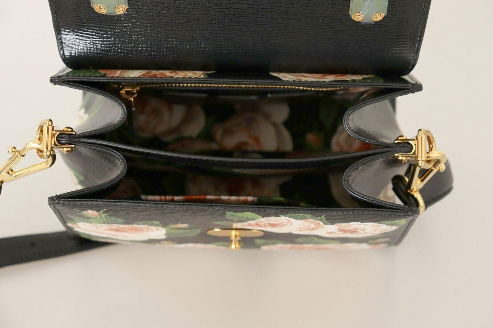 Dolce & Gabbana Black White Leather Welcome Floral Handbag Shoulder Bag Peony 1