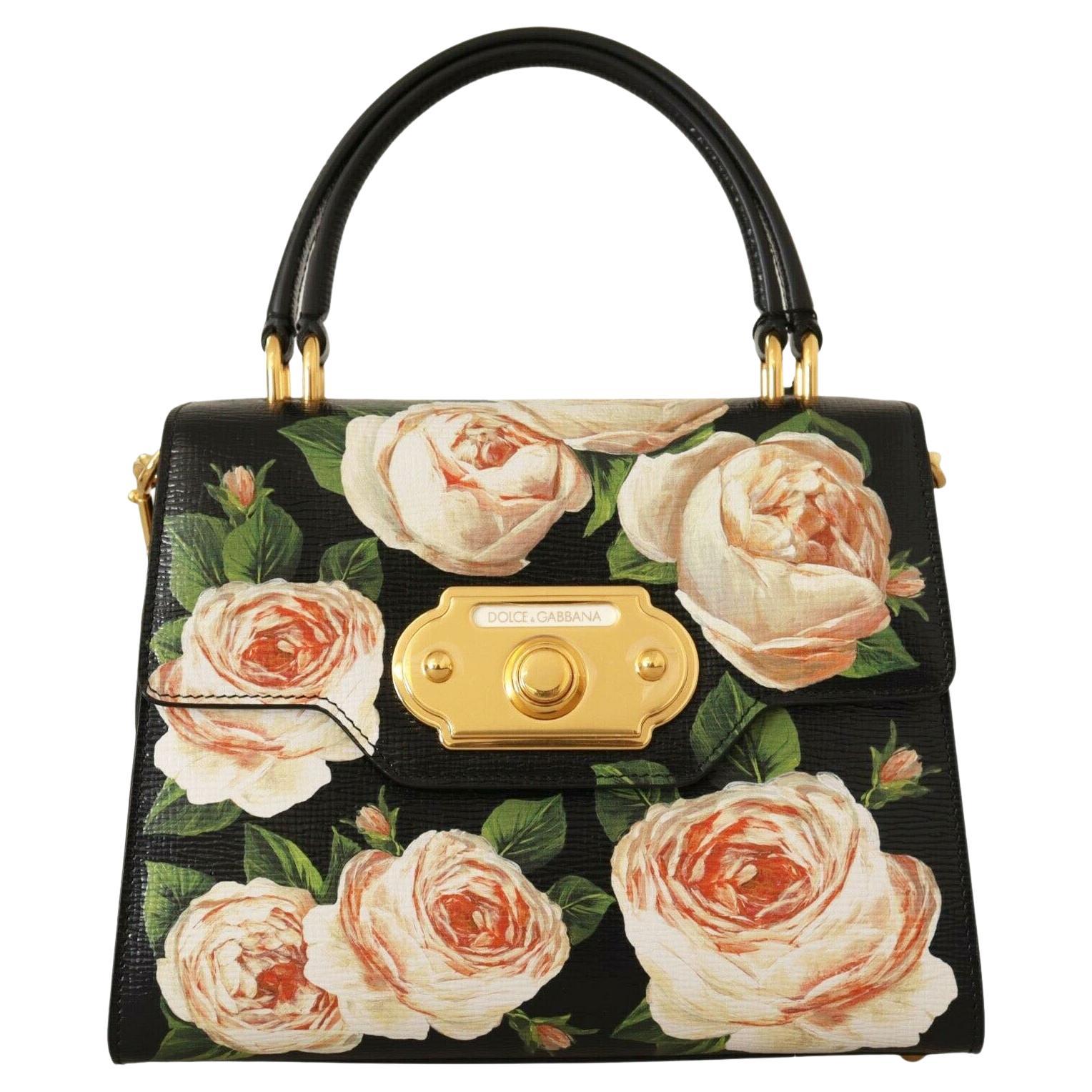 Dolce and Gabbana Black White Leather Welcome Floral Handbag Shoulder Bag  Peony at 1stDibs