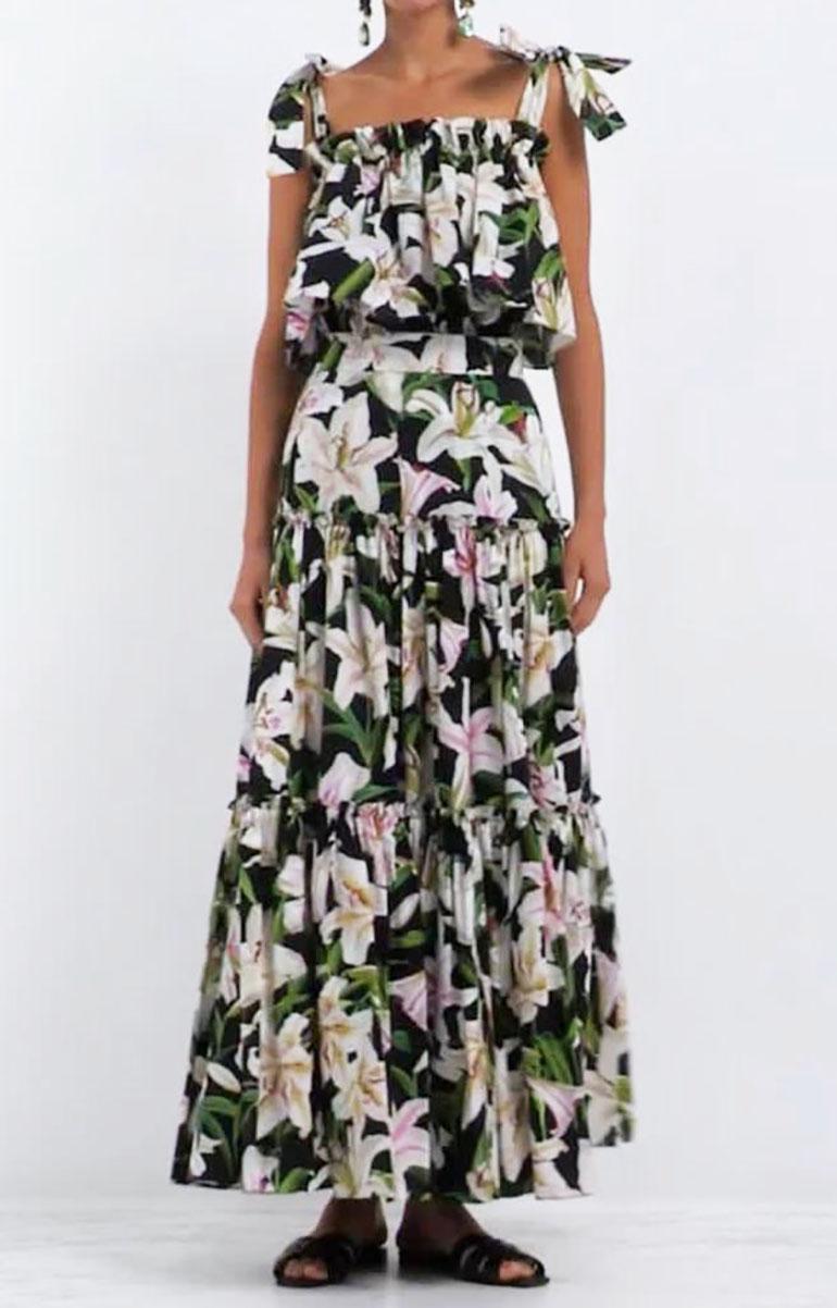 Beige Dolce & Gabbana Black White Lilly Cotton Poplin Maxi Long Skirt Flower Floral