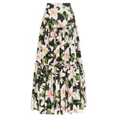 Dolce & Gabbana Black White Lilly Cotton Poplin Maxi Long Skirt Flower Floral