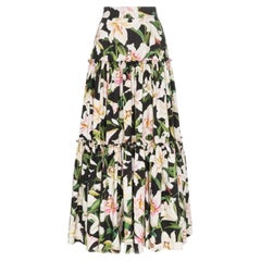 Dolce & Gabbana Schwarz-weißer langer Maxirock aus Baumwoll-Poplin mit Blumenmuster