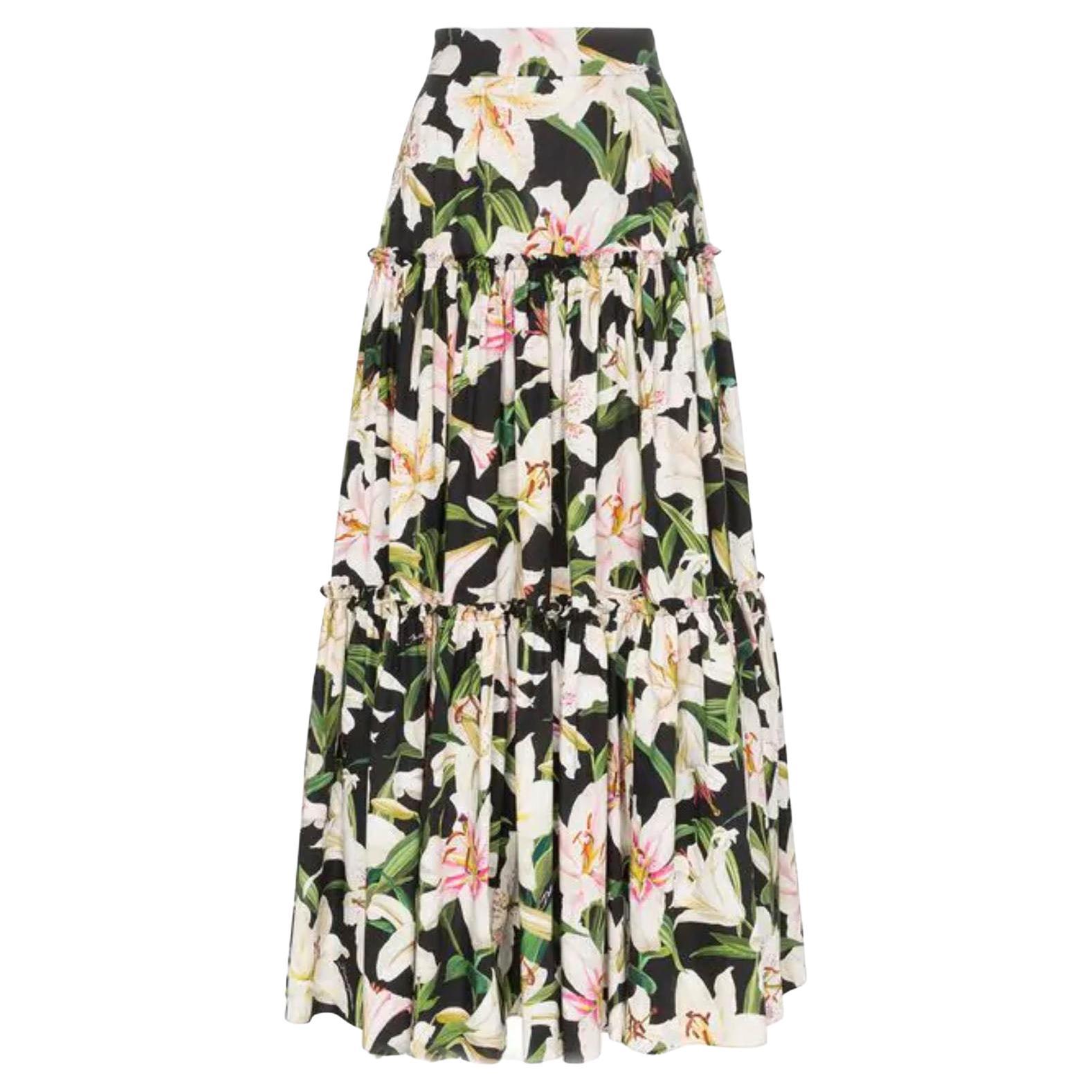 Dolce & Gabbana Black White Lilly Cotton Poplin Maxi Long Skirt Flower Floral