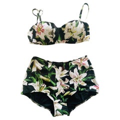 Dolce & Gabbana Zweiteiliger Badeanzug, schwarz-weiße Lilie, Badeanzug, Bademode, Blumen, DG