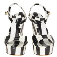 DOLCE & GABBANA black & white patent STRIPED PLATFORM WEDGE Sandals Shoes 38