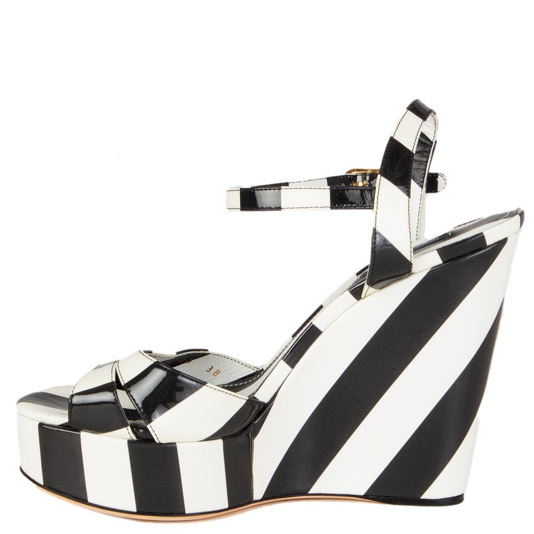 DOLCE and GABBANA black and white patent STRIPED PLATFORM WEDGE Sandals  Shoes 38 For Sale at 1stDibs