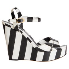 DOLCE & GABBANA black & white patent STRIPED PLATFORM WEDGE Sandals Shoes 38