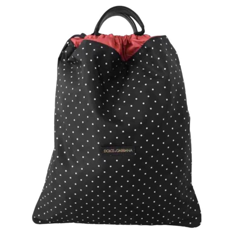 Dolce 
Gabbana Black White Polka Dot Backpack Travel Bag Drawstring Red Lining