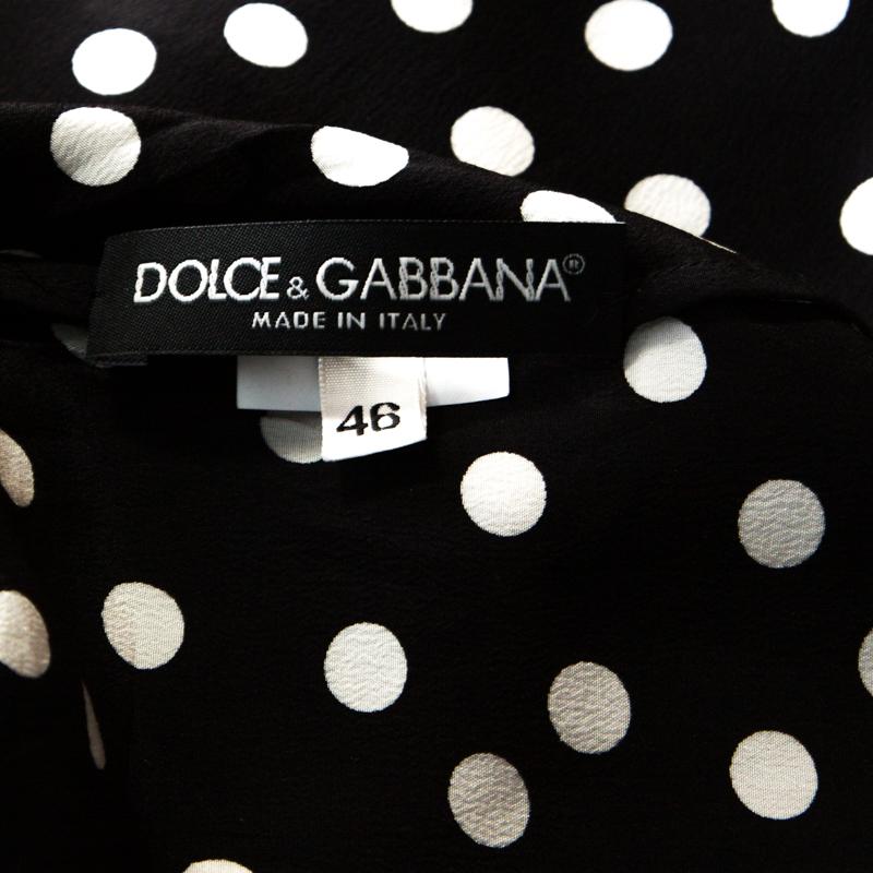 Women's Dolce & Gabbana Black & White Polka Dot Crepe Tie Neck Blouse L