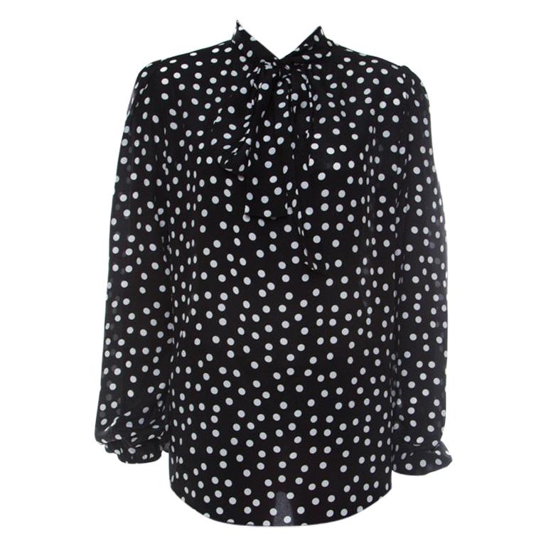 Dolce and Gabbana Black and White Polka Dot Crepe Tie Neck Blouse L For ...