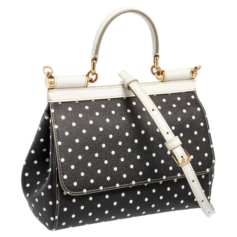 Dolce & Gabbana Black/White Polka Dots Leather Small Miss Sicily Top Handle Bag 5